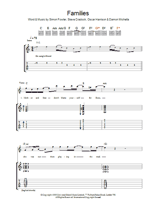 Download Ocean Colour Scene Families Sheet Music and learn how to play Guitar Tab PDF digital score in minutes