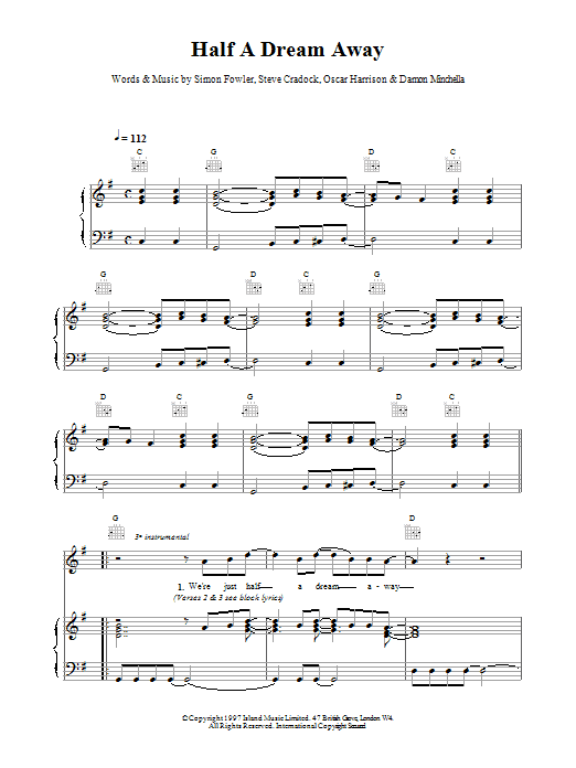 Download Ocean Colour Scene Half A Dream Away Sheet Music and learn how to play Piano, Vocal & Guitar (Right-Hand Melody) PDF digital score in minutes