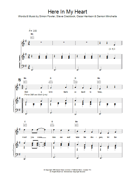 Download Ocean Colour Scene Here In My Heart Sheet Music and learn how to play Piano, Vocal & Guitar (Right-Hand Melody) PDF digital score in minutes
