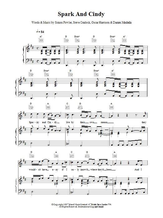 Download Ocean Colour Scene Sparky And Cindy Sheet Music and learn how to play Piano, Vocal & Guitar (Right-Hand Melody) PDF digital score in minutes