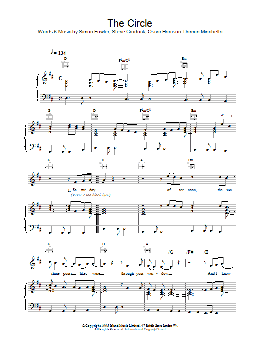 Download Ocean Colour Scene The Circle Sheet Music and learn how to play Piano, Vocal & Guitar (Right-Hand Melody) PDF digital score in minutes