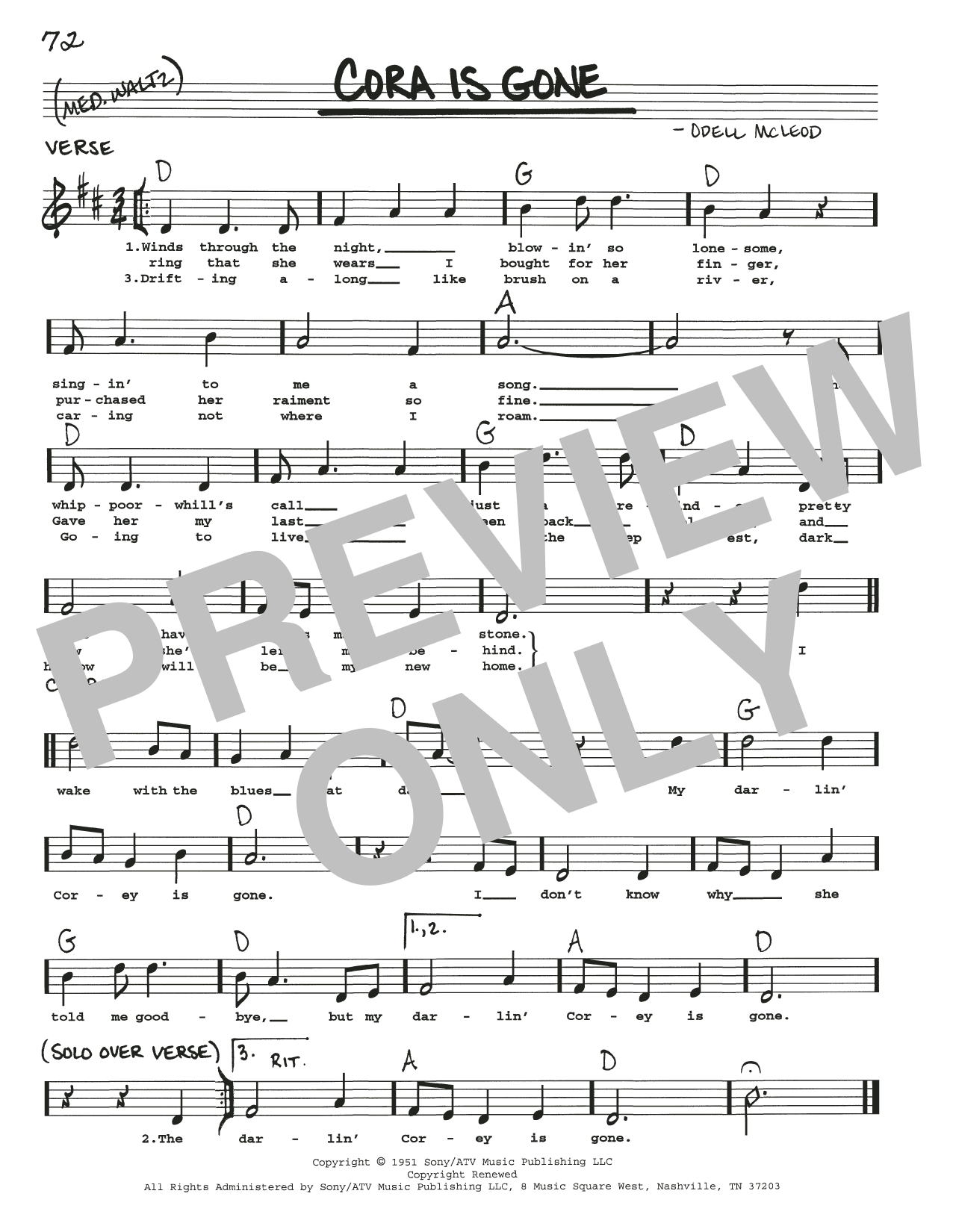 Download Odell McLeod Cora Is Gone Sheet Music and learn how to play Real Book – Melody, Lyrics & Chords PDF digital score in minutes