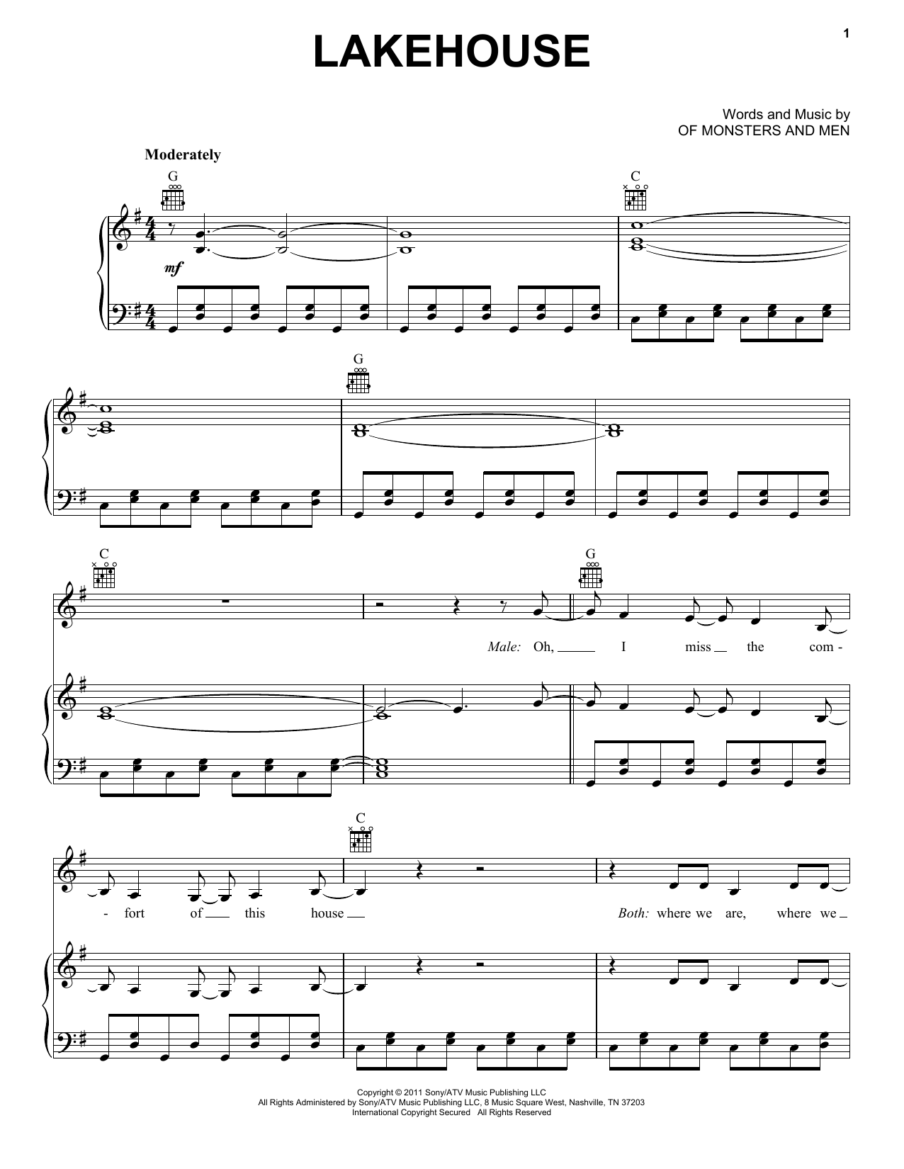 Download Of Monsters and Men Lakehouse Sheet Music and learn how to play Piano, Vocal & Guitar (Right-Hand Melody) PDF digital score in minutes