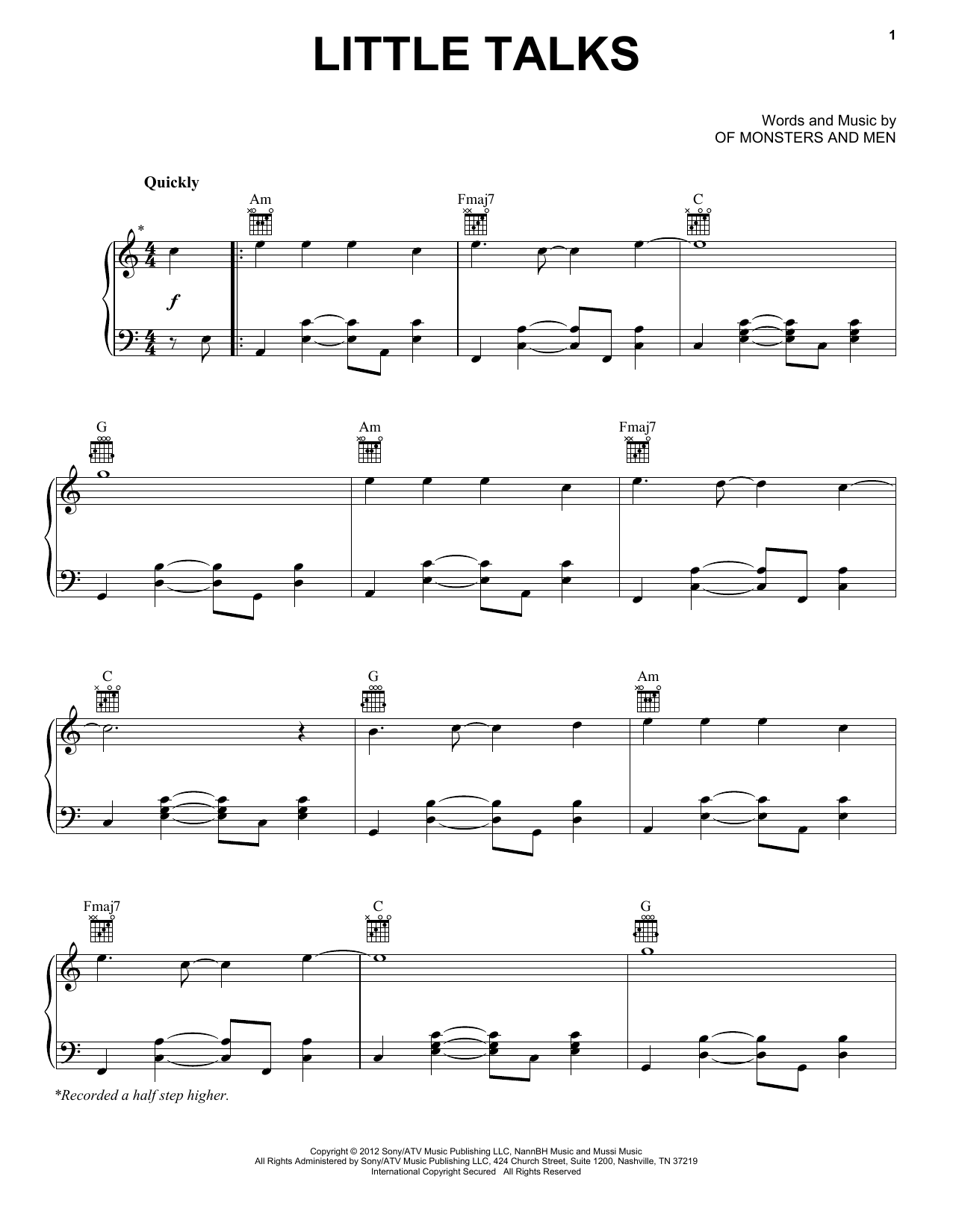 Download Of Monsters And Men Little Talks Sheet Music and learn how to play Piano, Vocal & Guitar (Right-Hand Melody) PDF digital score in minutes