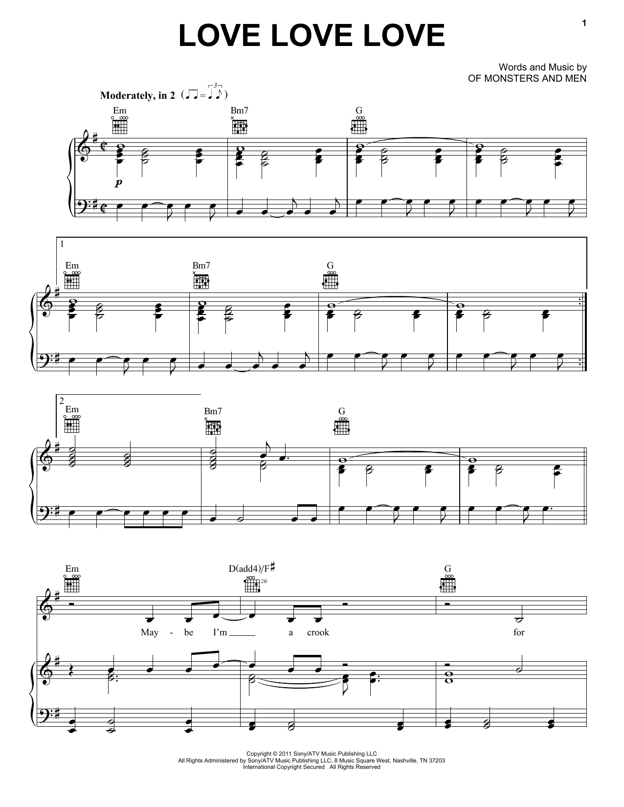 Download Of Monsters and Men Love Love Love Sheet Music and learn how to play Piano, Vocal & Guitar (Right-Hand Melody) PDF digital score in minutes