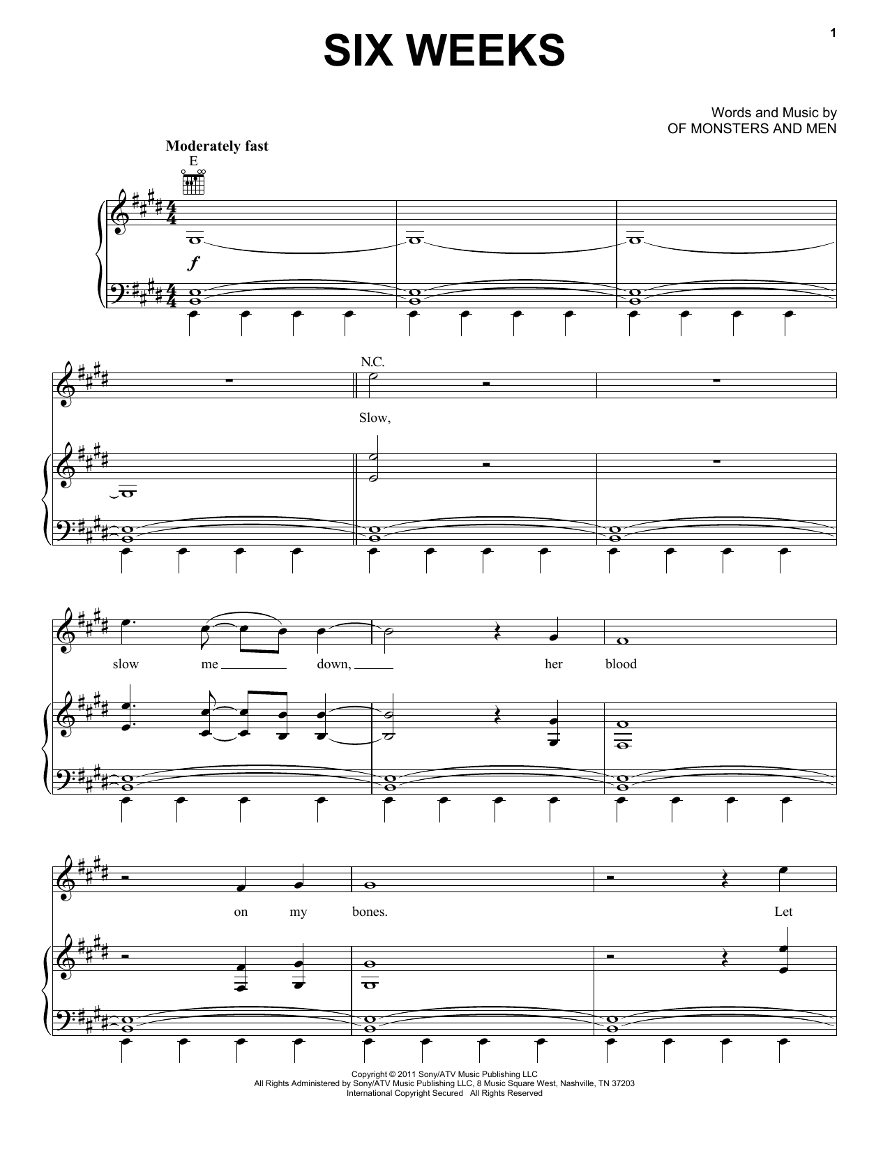 Download Of Monsters and Men Six Weeks Sheet Music and learn how to play Piano, Vocal & Guitar (Right-Hand Melody) PDF digital score in minutes