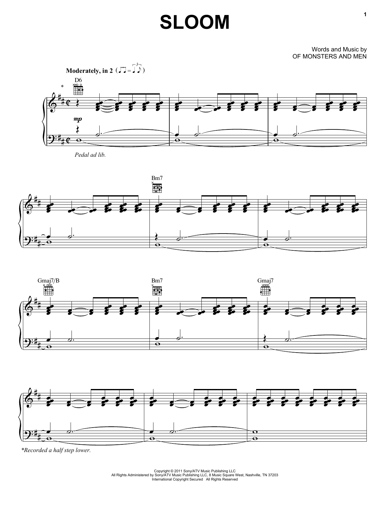 Download Of Monsters and Men Sloom Sheet Music and learn how to play Piano, Vocal & Guitar (Right-Hand Melody) PDF digital score in minutes