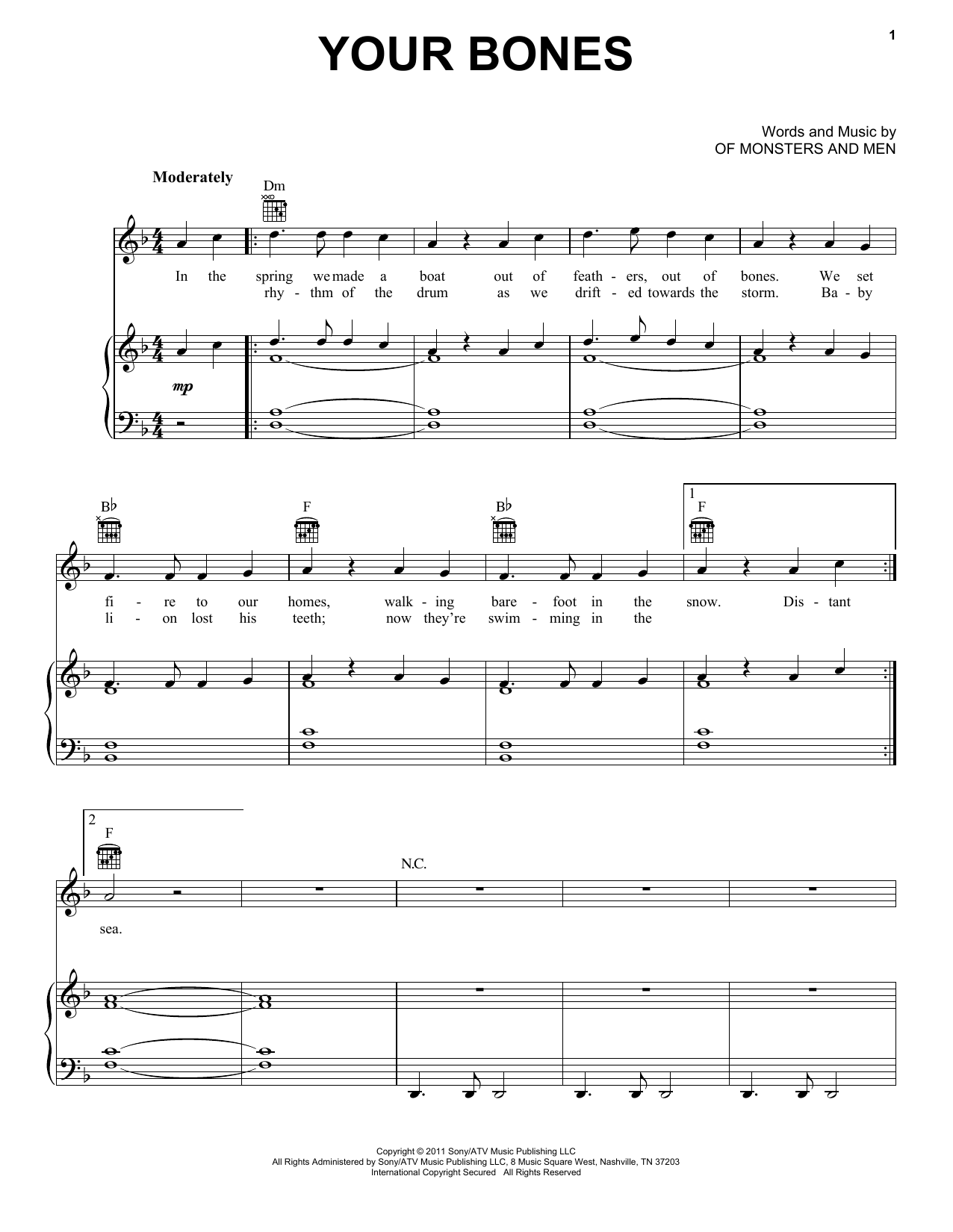 Download Of Monsters and Men Your Bones Sheet Music and learn how to play Piano, Vocal & Guitar (Right-Hand Melody) PDF digital score in minutes