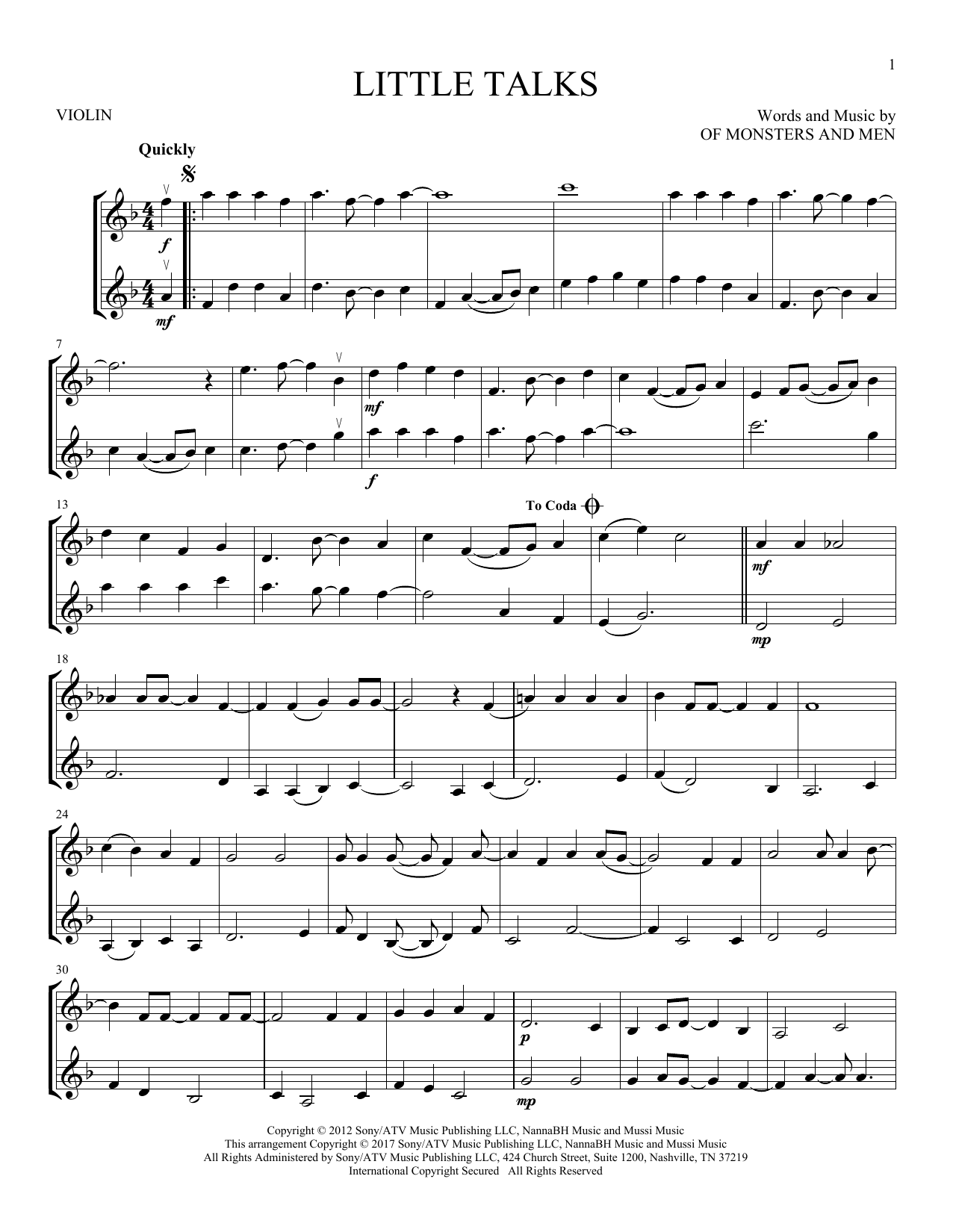 Of Monsters And Men Little Talks Sheet Music Notes Download 