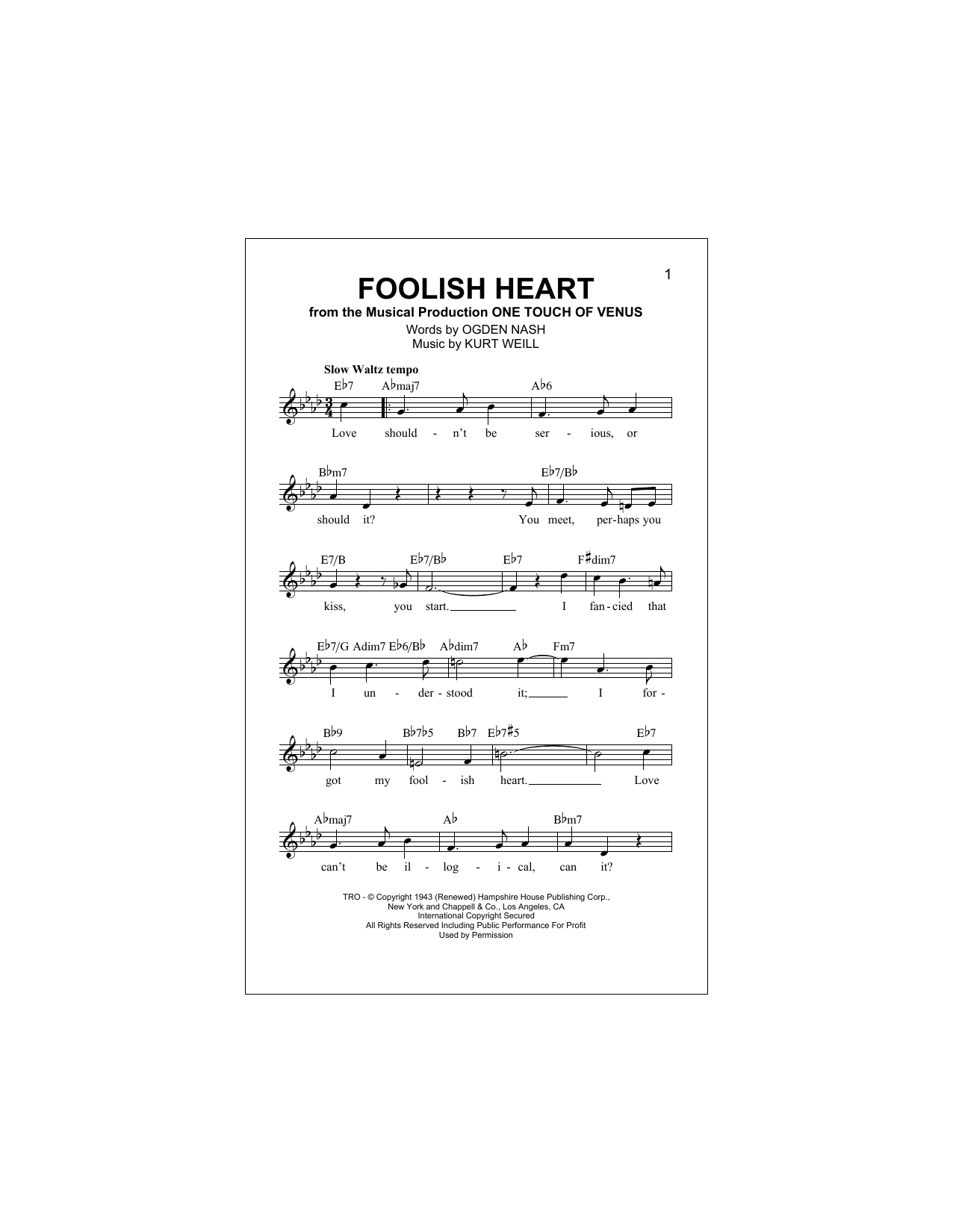 Download Ogden Nash Foolish Heart Sheet Music and learn how to play Lead Sheet / Fake Book PDF digital score in minutes