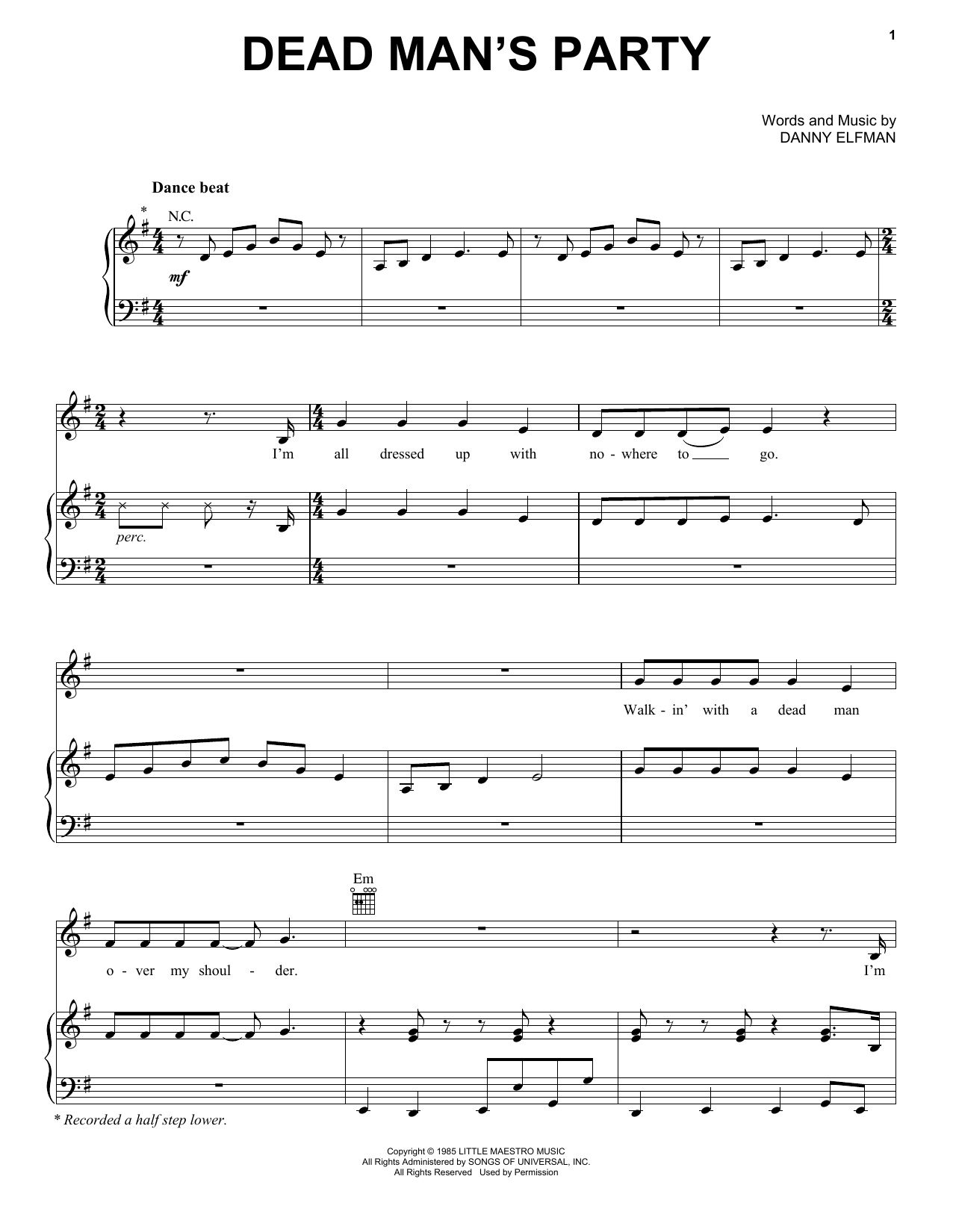 Download Oingo Boingo Dead Man's Party Sheet Music and learn how to play Piano, Vocal & Guitar Chords (Right-Hand Melody) PDF digital score in minutes