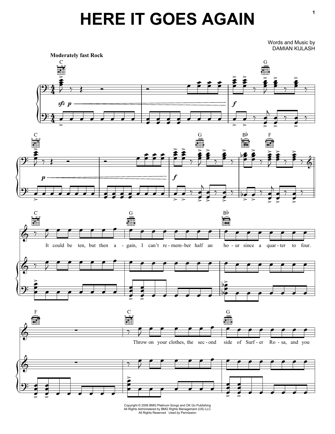 Download OK Go Here It Goes Again Sheet Music and learn how to play Lyrics & Chords PDF digital score in minutes