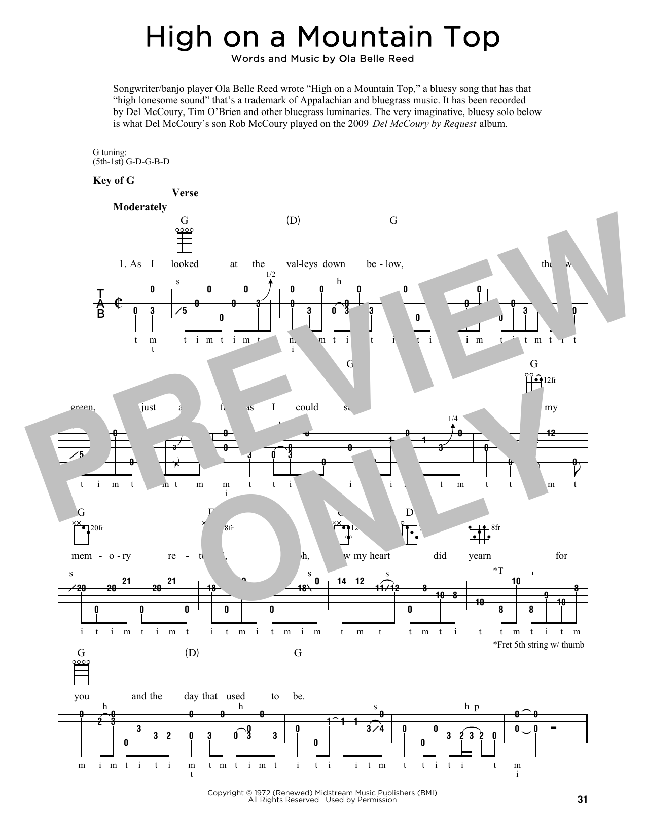 Download Ola Belle Reed High On A Mountain Top (arr. Fred Sokolow) Sheet Music and learn how to play Banjo Tab PDF digital score in minutes