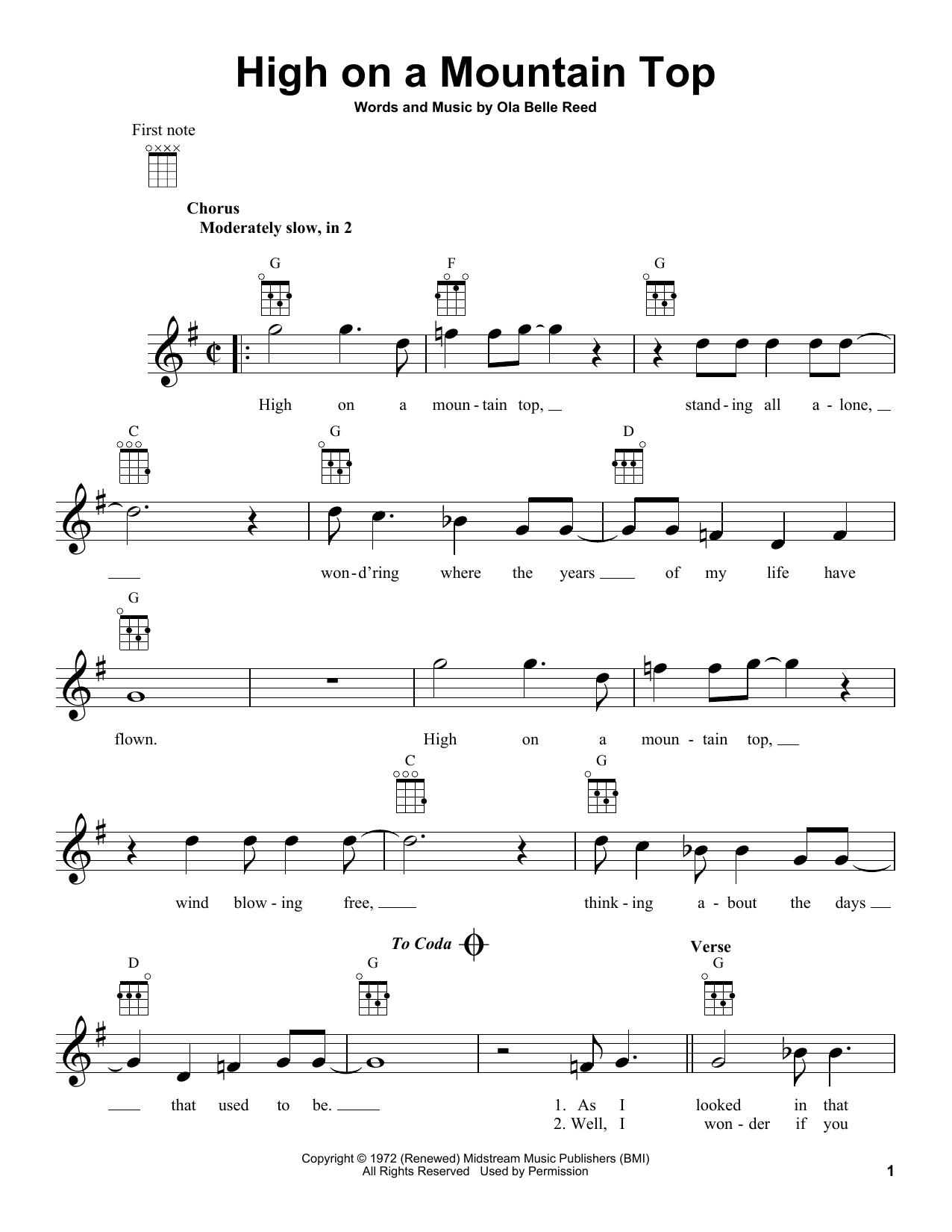 Download Ola Belle Reed High On A Mountain Top Sheet Music and learn how to play Ukulele PDF digital score in minutes