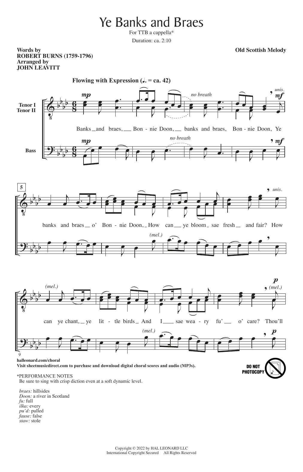 Download Old Scottish Melody Ye Banks And Braes (arr. John Leavitt) Sheet Music and learn how to play TTB Choir PDF digital score in minutes
