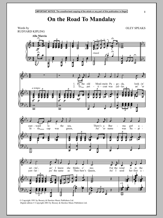 Download Oley Speaks On the Road To Mandalay Sheet Music and learn how to play Piano & Vocal PDF digital score in minutes