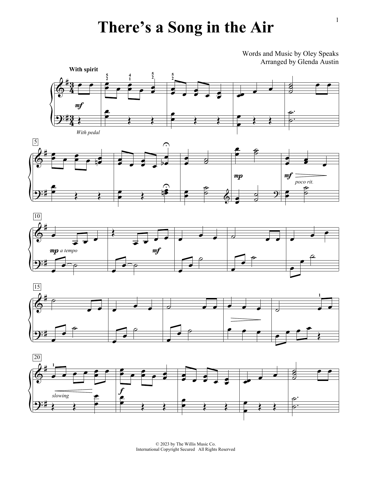 Download Oley Speaks There's A Song In The Air (arr. Glenda Austin) Sheet Music and learn how to play Educational Piano PDF digital score in minutes