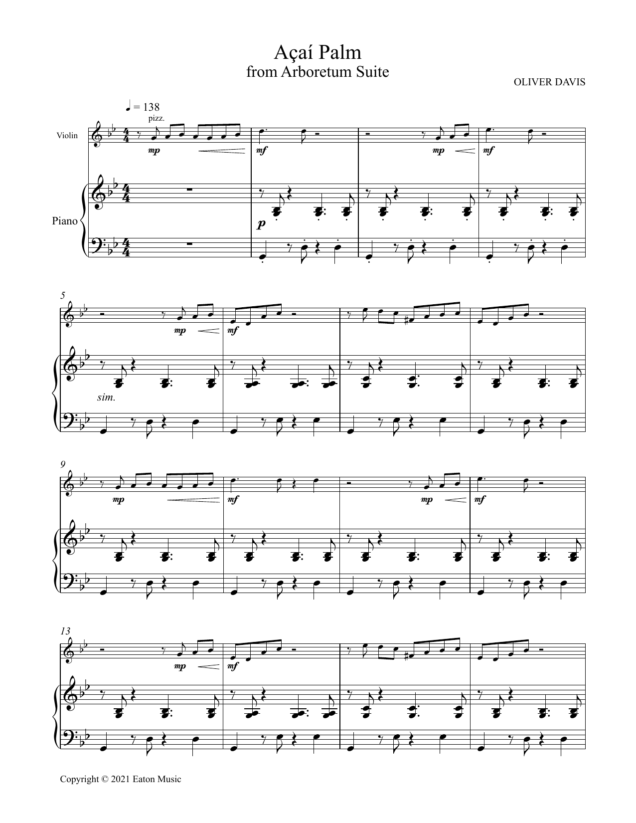 Download Oliver Davis Açai Palm Sheet Music and learn how to play Violin and Piano PDF digital score in minutes