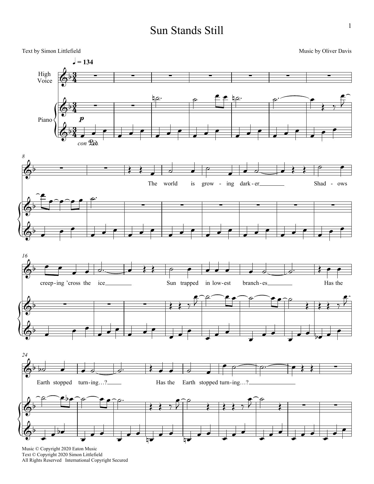 Download Oliver Davis Sun Stands Still Sheet Music and learn how to play Piano & Vocal PDF digital score in minutes