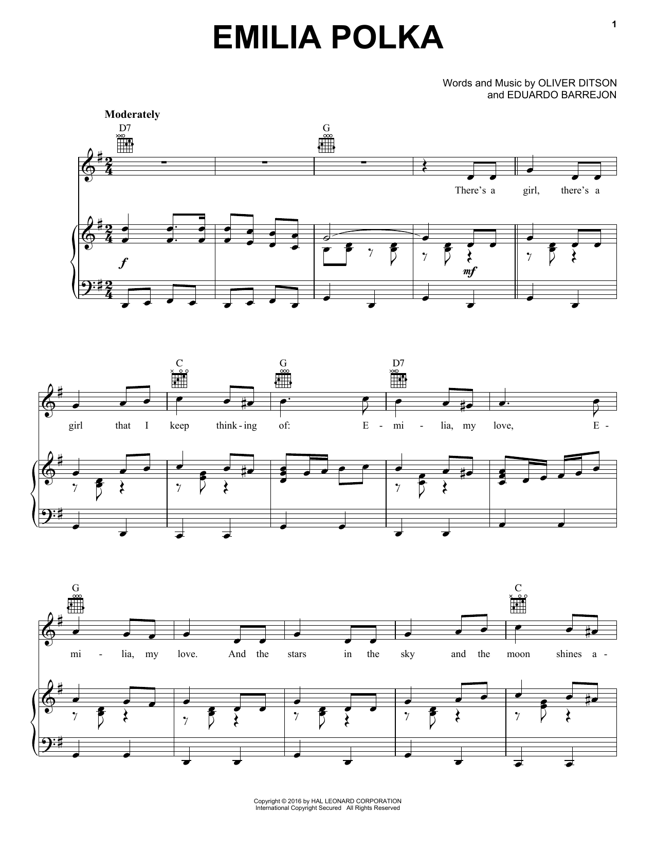 Download Oliver Ditson & Eduardo Barrejon Emilia Polka Sheet Music and learn how to play Piano, Vocal & Guitar (Right-Hand Melody) PDF digital score in minutes