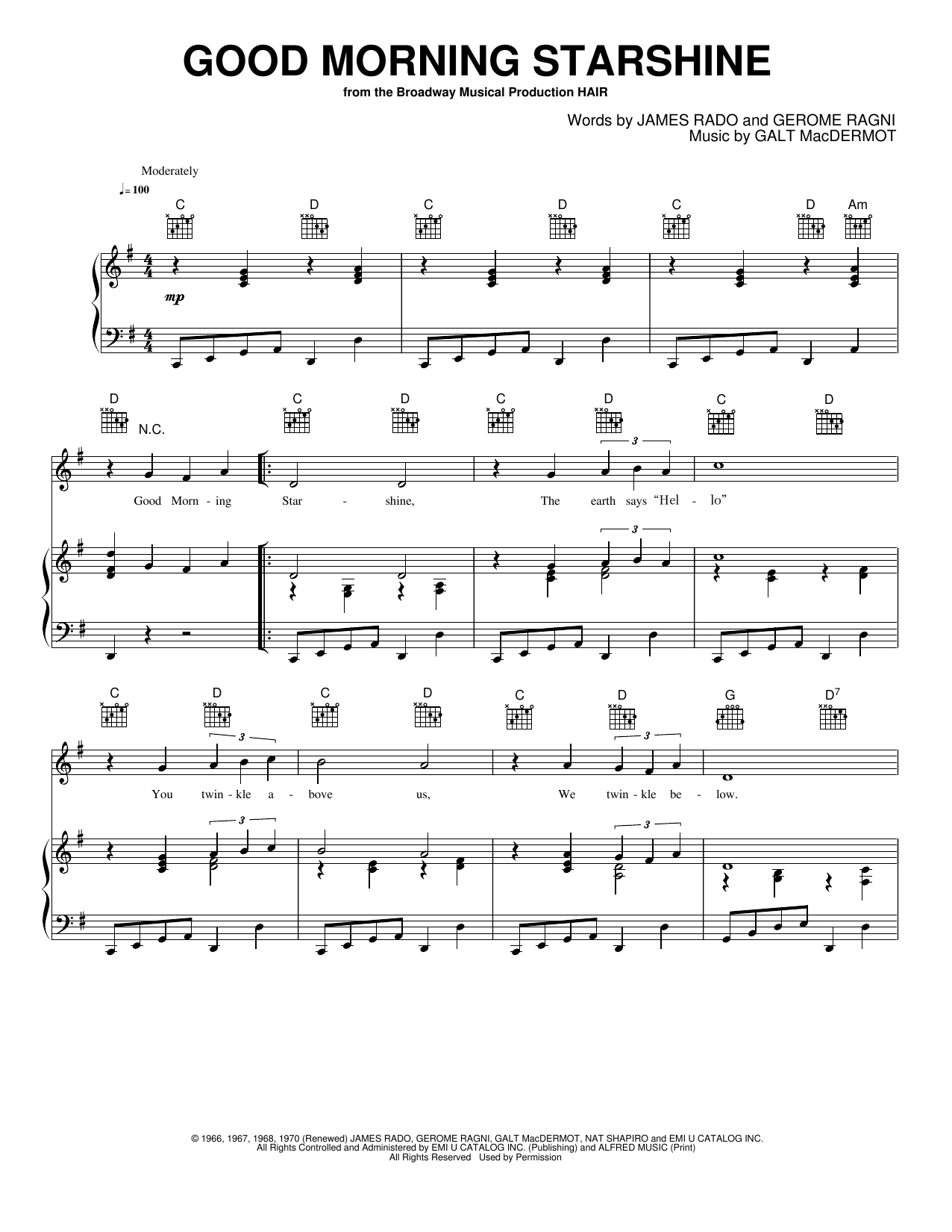 Download OLIVER Good Morning Starshine Sheet Music and learn how to play Piano, Vocal & Guitar Chords (Right-Hand Melody) PDF digital score in minutes