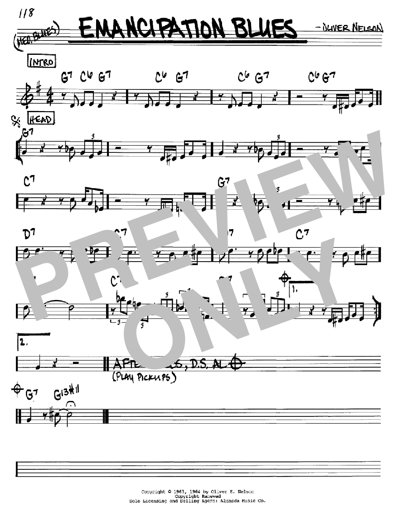 Download Oliver Nelson Emancipation Blues Sheet Music and learn how to play Real Book – Melody & Chords – C Instruments PDF digital score in minutes