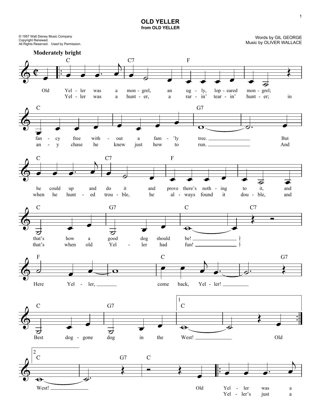 Download Oliver Wallace Old Yeller Sheet Music and learn how to play Melody Line, Lyrics & Chords PDF digital score in minutes