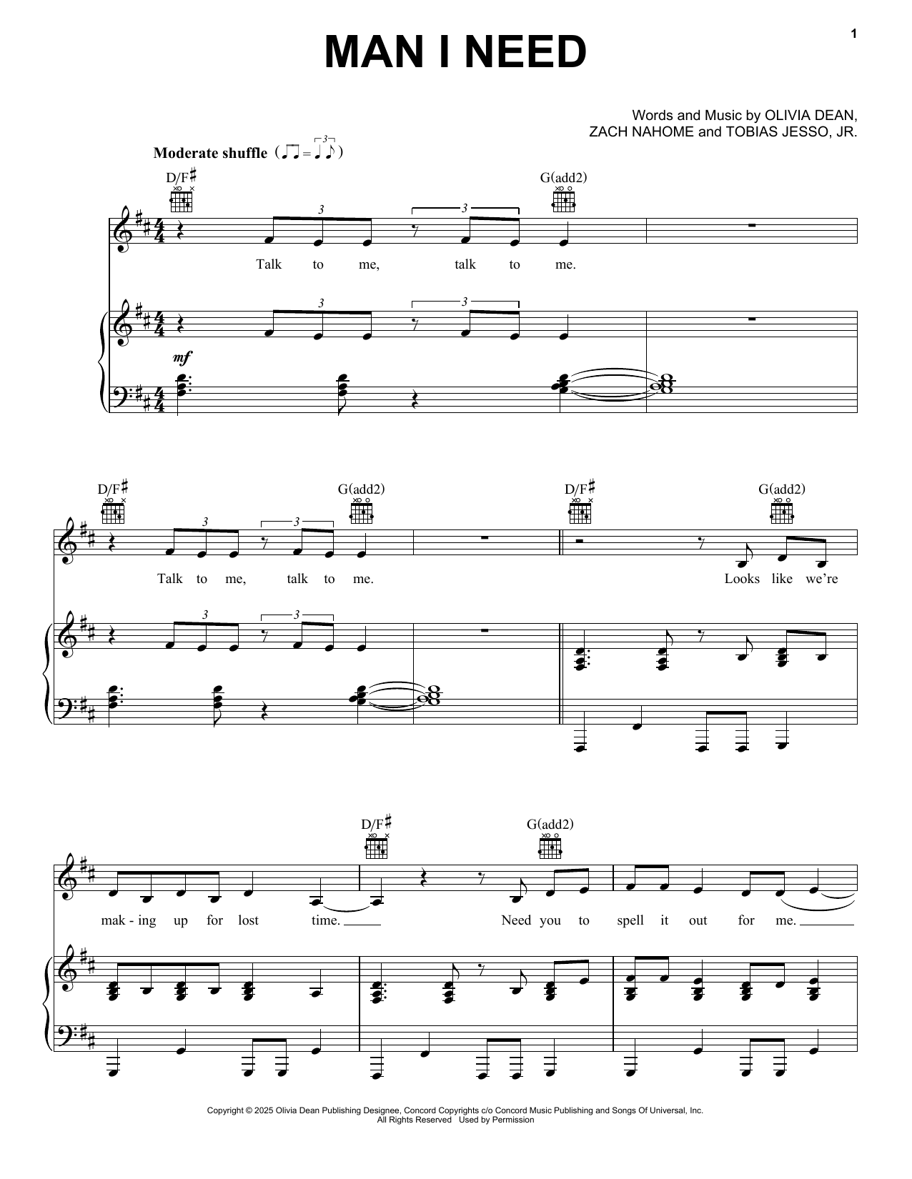 Download Olivia Dean Man I Need Sheet Music and learn how to play Piano, Vocal & Guitar Chords (Right-Hand Melody) PDF digital score in minutes