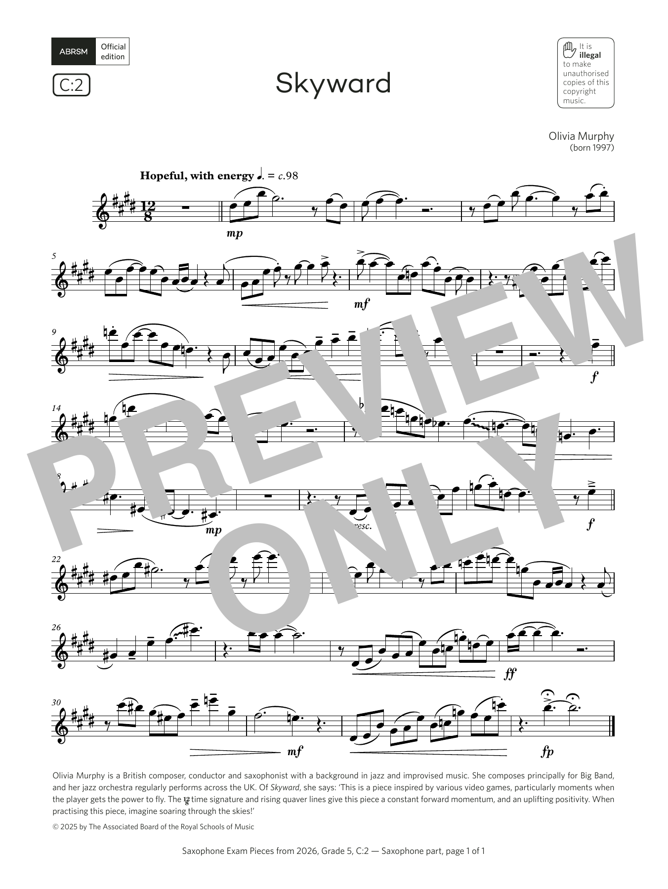 Download Olivia Murphy Skyward (Grade 5, list C2, from the ABRSM Saxophone Syllabus from 2026) Sheet Music and learn how to play Alto Sax Solo PDF digital score in minutes