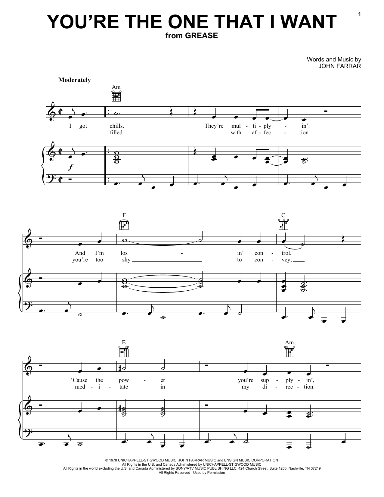 Download Olivia Newton-John & John Travolta You're The One That I Want Sheet Music and learn how to play Piano, Vocal & Guitar (Right-Hand Melody) PDF digital score in minutes