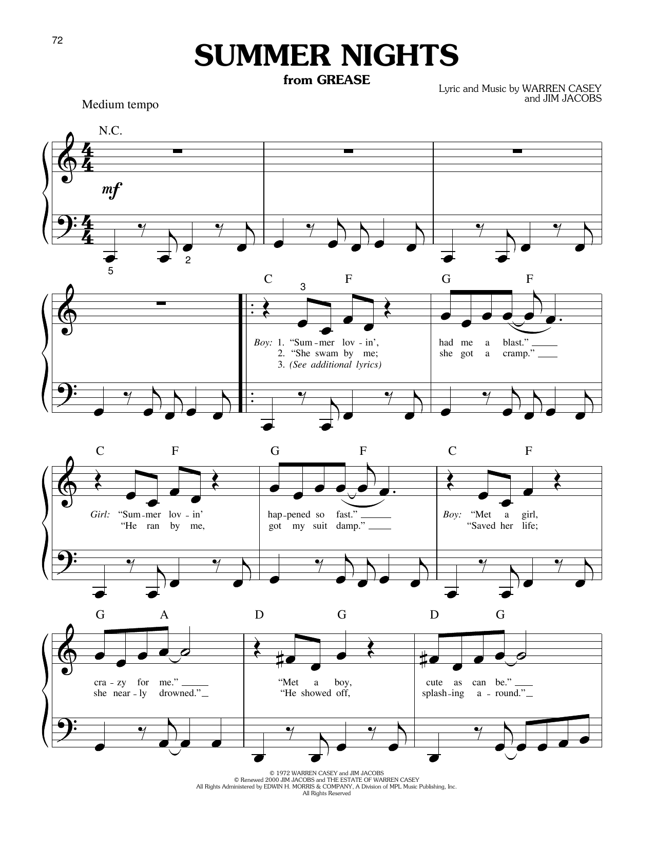 Download Olivia Newton-John and John Travolta Summer Nights (from Grease) Sheet Music and learn how to play Big Note Piano PDF digital score in minutes