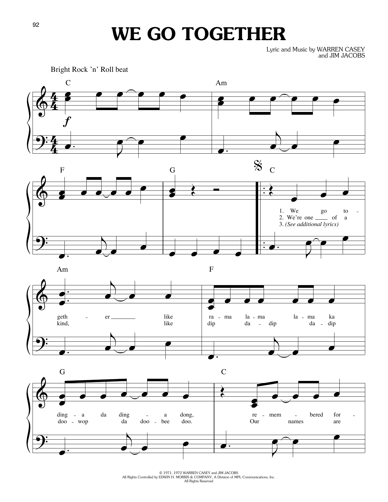 Download Olivia Newton-John and John Travolta We Go Together (from Grease) Sheet Music and learn how to play Big Note Piano PDF digital score in minutes