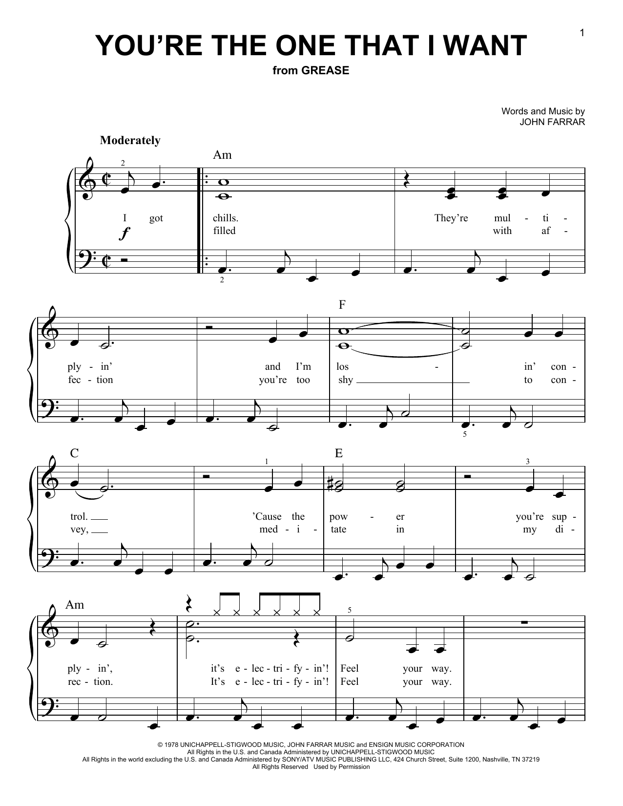 Download Olivia Newton-John and John Travolta You're The One That I Want Sheet Music and learn how to play Real Book – Melody, Lyrics & Chords PDF digital score in minutes