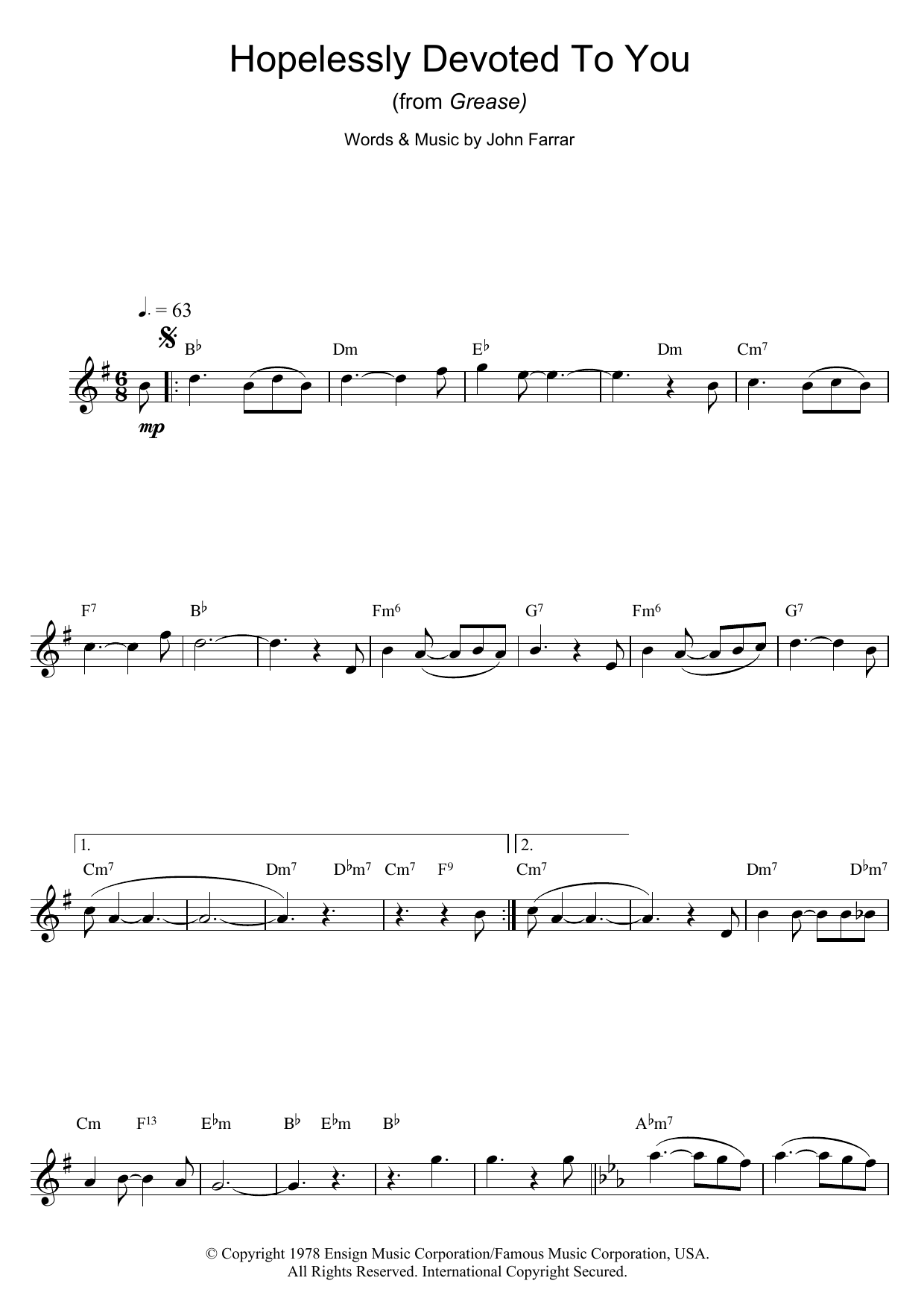 Download Olivia Newton-John Hopelessly Devoted To You (from Grease) Sheet Music and learn how to play Tenor Saxophone PDF digital score in minutes