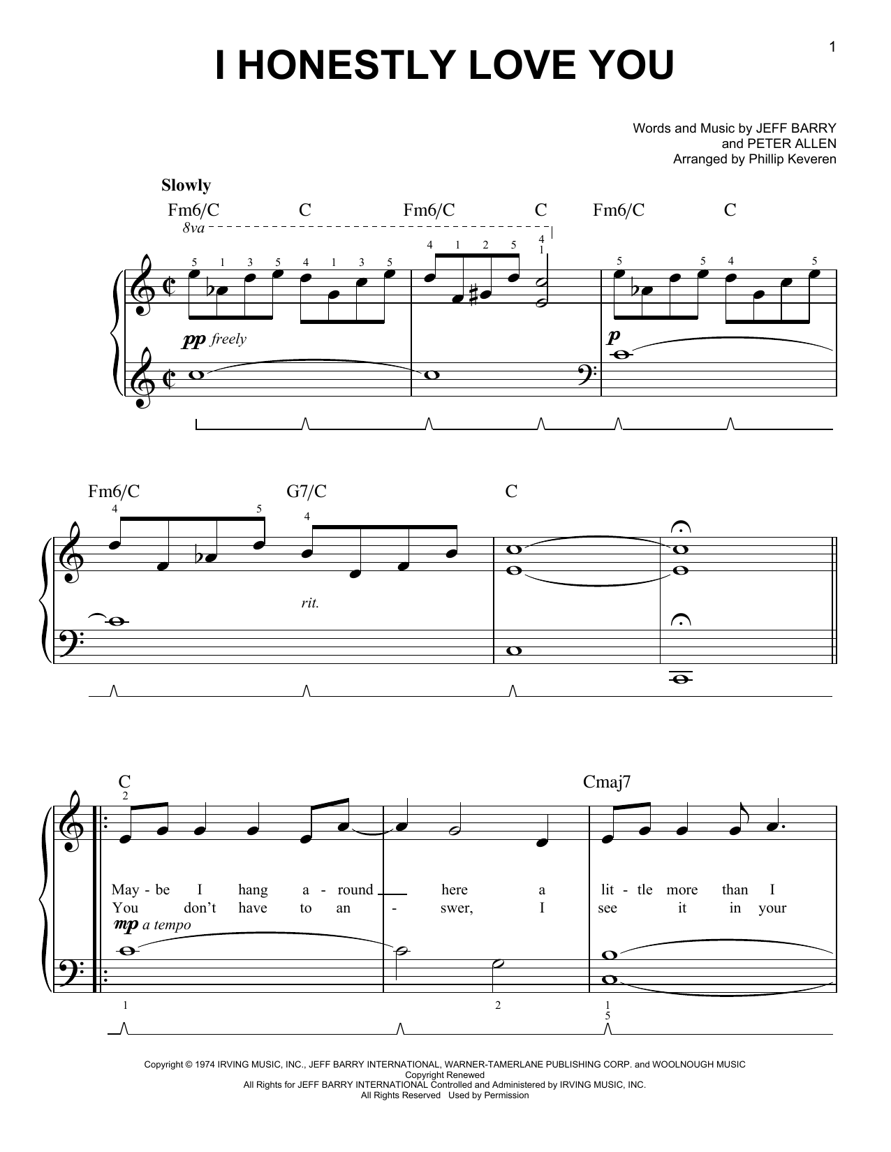 Download Olivia Newton-John I Honestly Love You (arr. Phillip Keveren) Sheet Music and learn how to play Easy Piano PDF digital score in minutes