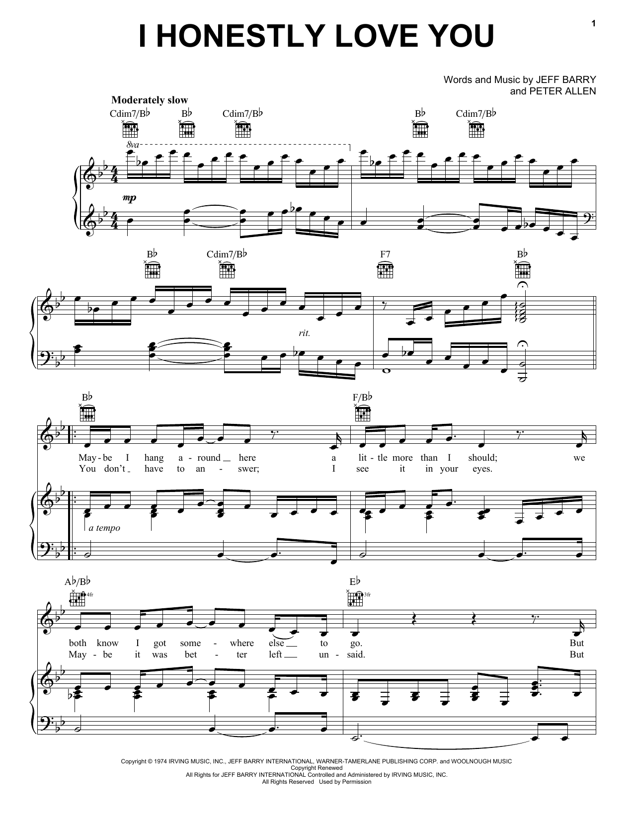 Download Olivia Newton-John I Honestly Love You Sheet Music and learn how to play Real Book – Melody, Lyrics & Chords PDF digital score in minutes