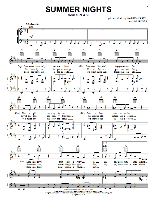 Download Olivia Newton-John Summer Nights Sheet Music and learn how to play Piano, Vocal & Guitar (Right-Hand Melody) PDF digital score in minutes