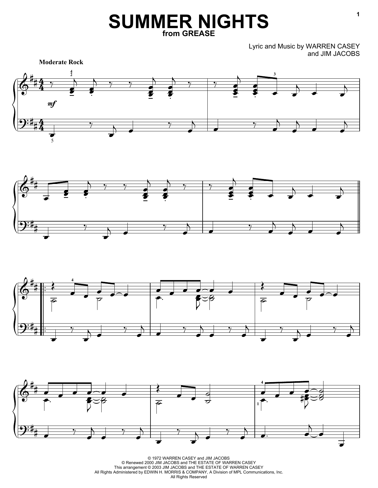 Download Olivia Newton-John Summer Nights Sheet Music and learn how to play Piano PDF digital score in minutes