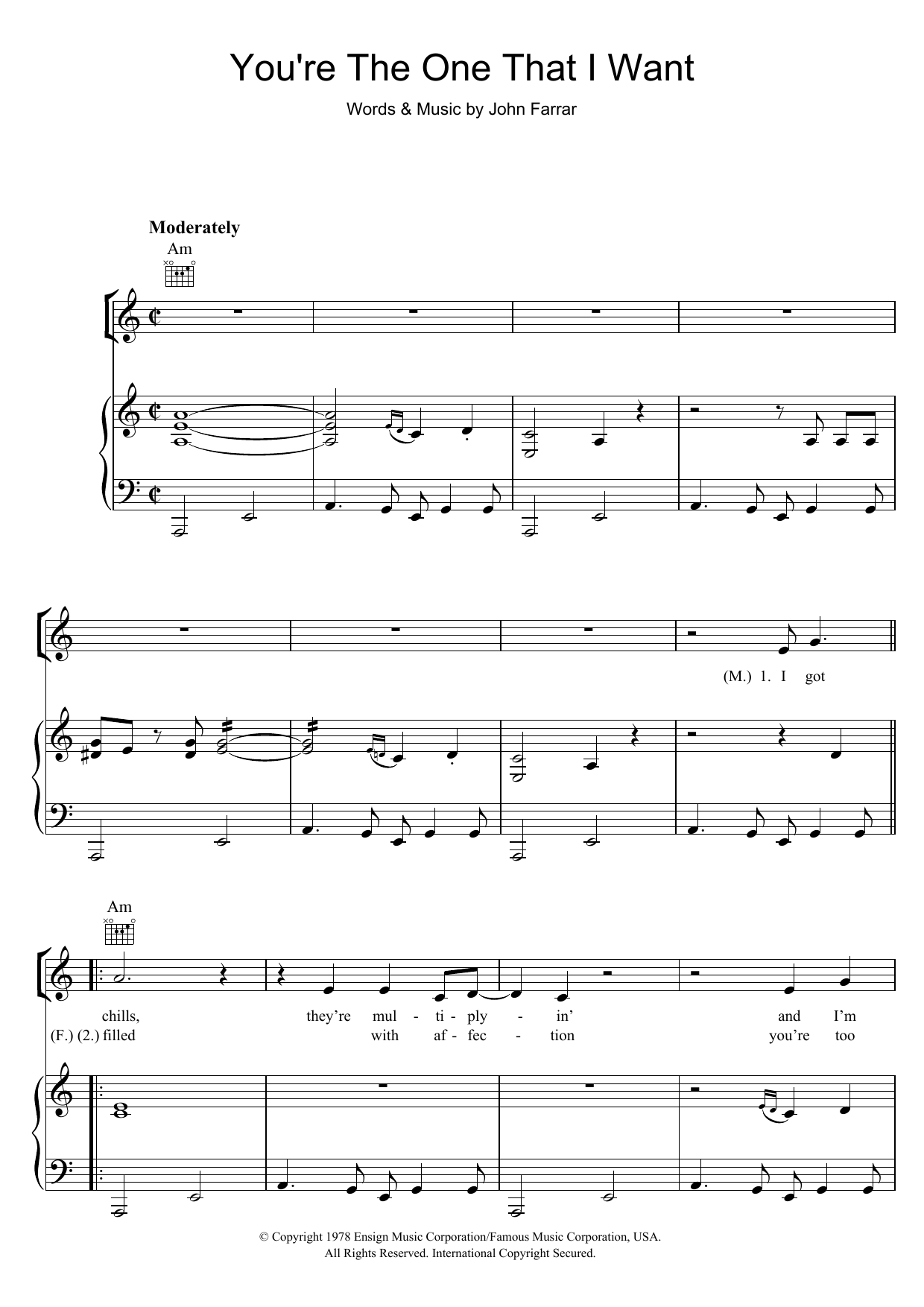 Download Olivia Newton-John and John Travolta You're The One That I Want (from Grease) Sheet Music and learn how to play Piano, Vocal & Guitar PDF digital score in minutes