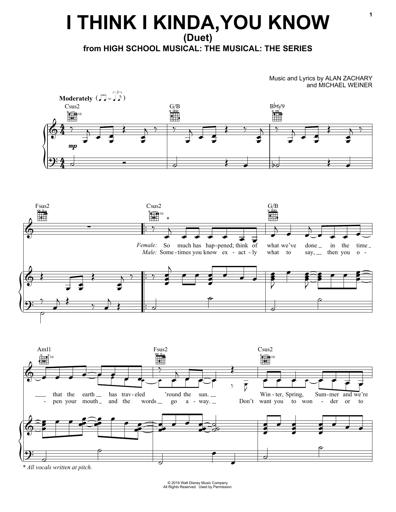 Download Olivia Rodrigo & Joshua Bassett I Think I Kinda, You Know (Duet) (from High School Musical: The Musical: The Ser Sheet Music and learn how to play Piano, Vocal & Guitar Chords (Right-Hand Melody) PDF digital score in minutes