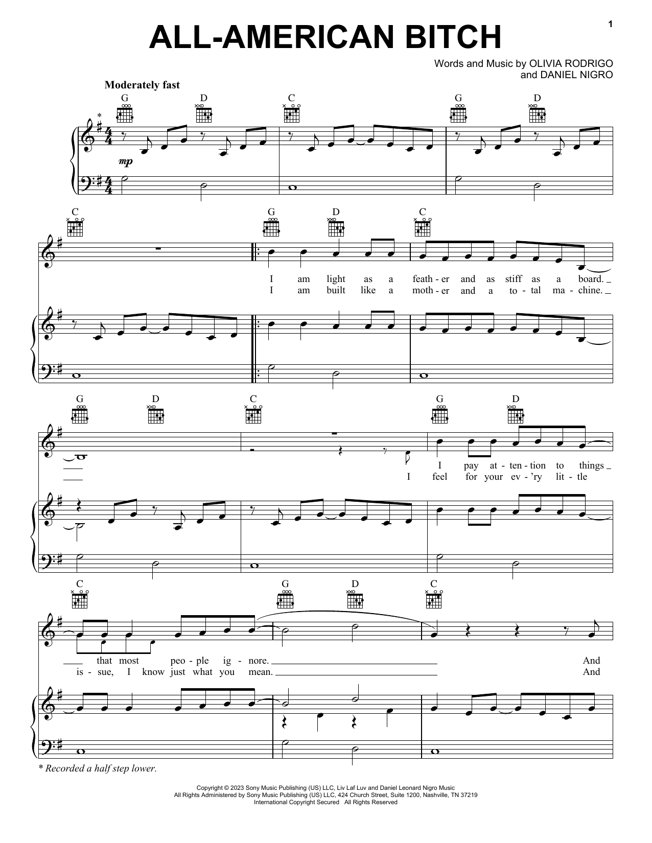 Download Olivia Rodrigo all-american bitch Sheet Music and learn how to play Piano, Vocal & Guitar Chords (Right-Hand Melody) PDF digital score in minutes