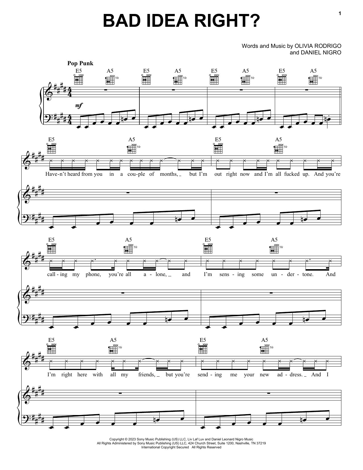 Download Olivia Rodrigo bad idea right? Sheet Music and learn how to play Piano, Vocal & Guitar Chords (Right-Hand Melody) PDF digital score in minutes