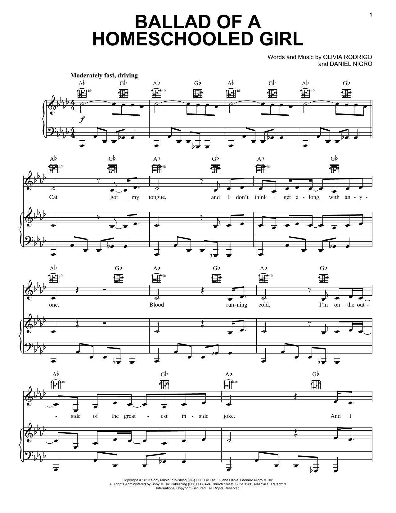 Download Olivia Rodrigo ballad of a homeschooled girl Sheet Music and learn how to play Piano, Vocal & Guitar Chords (Right-Hand Melody) PDF digital score in minutes