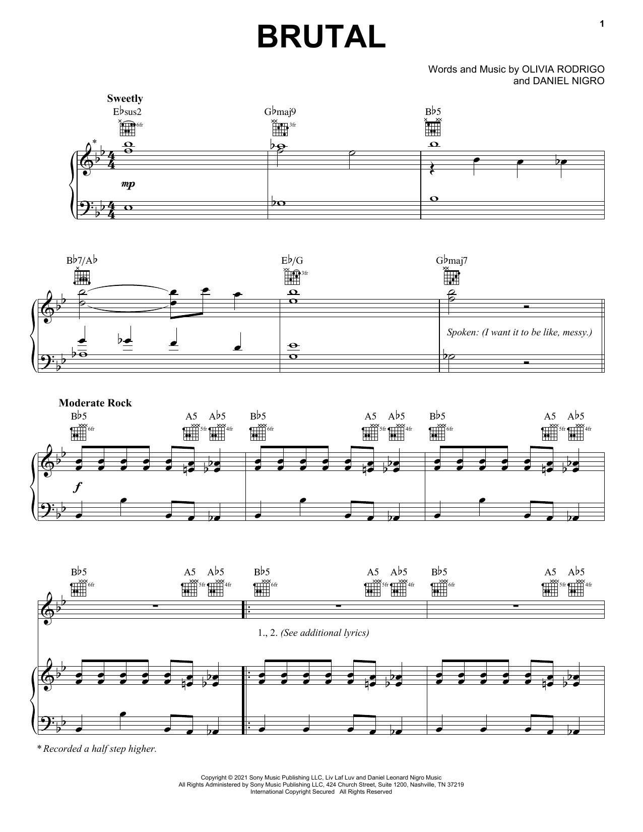 Download Olivia Rodrigo brutal Sheet Music and learn how to play Easy Piano PDF digital score in minutes