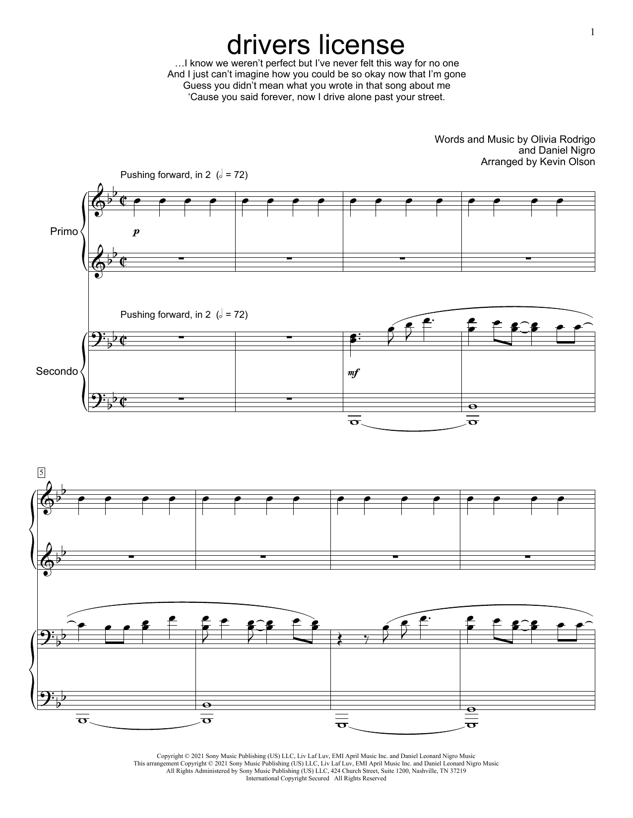 Download Olivia Rodrigo drivers license (arr. Kevin Olson) Sheet Music and learn how to play Piano Duet PDF digital score in minutes
