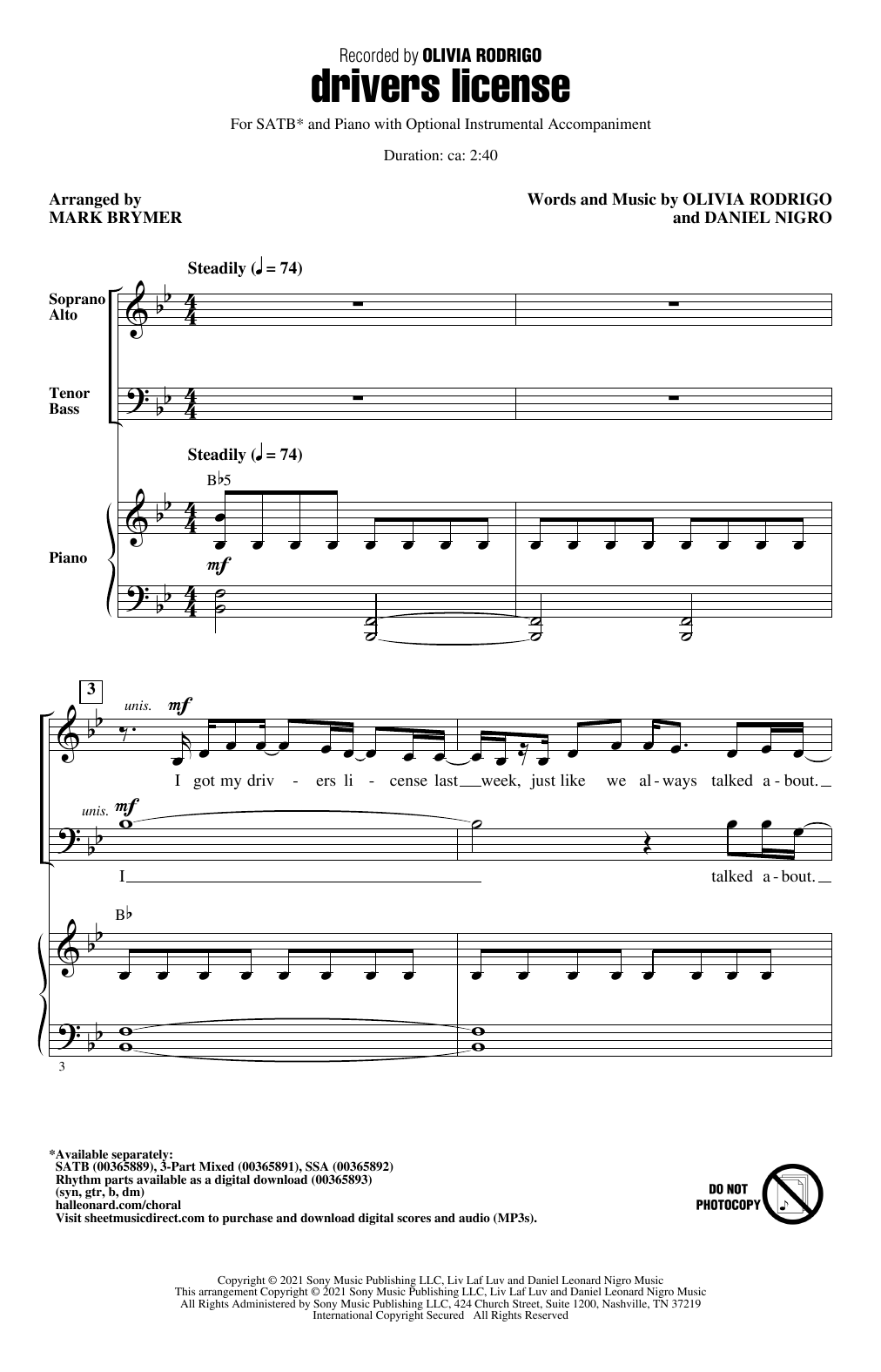 Download Olivia Rodrigo drivers license (arr. Mark Brymer) Sheet Music and learn how to play SATB Choir PDF digital score in minutes