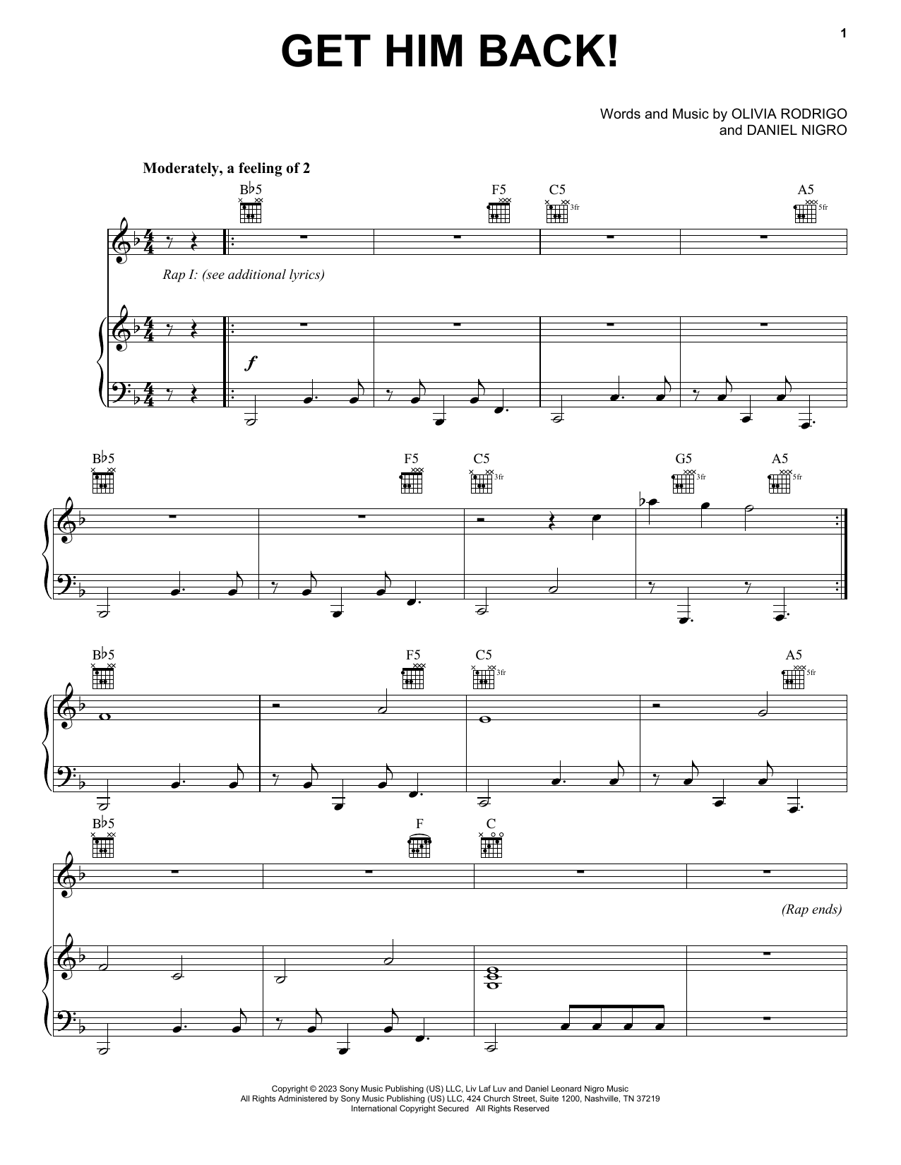 Download Olivia Rodrigo Sheet Music and learn how to play Piano, Vocal & Guitar Chords (Right-Hand Melody) PDF score in minutes