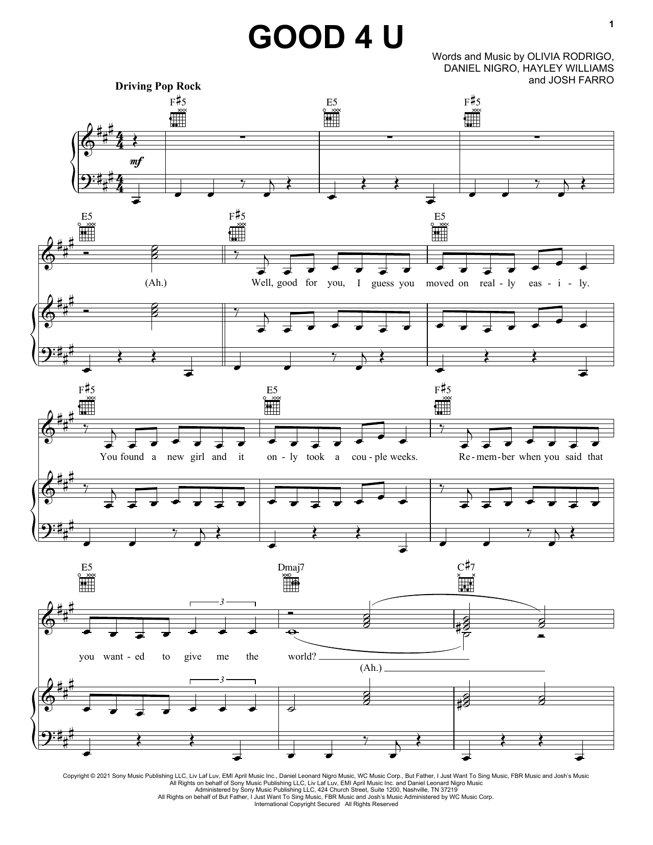 Download Olivia Rodrigo good 4 u Sheet Music and learn how to play Super Easy Piano PDF digital score in minutes