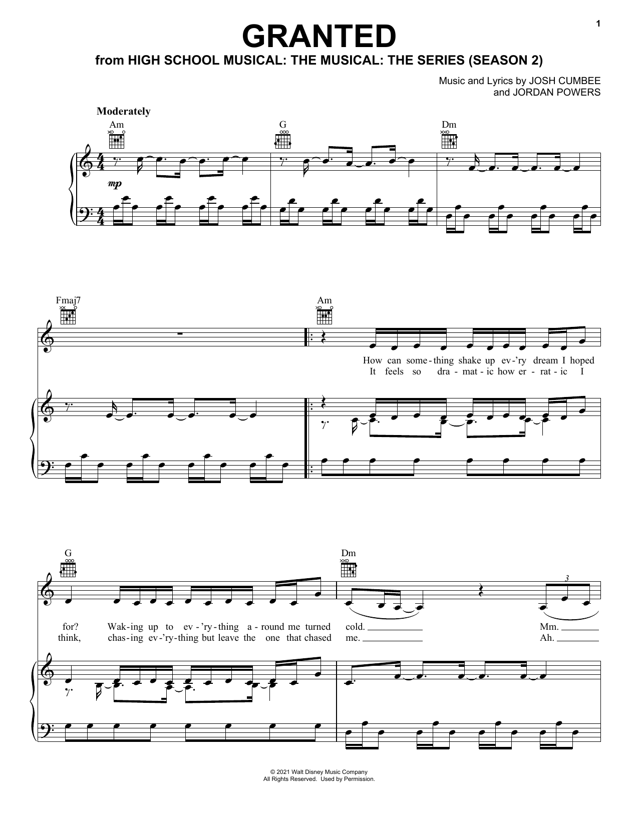 Download Olivia Rodrigo Granted (from High School Musical: The Musical: The Series) Sheet Music and learn how to play Piano, Vocal & Guitar Chords (Right-Hand Melody) PDF digital score in minutes