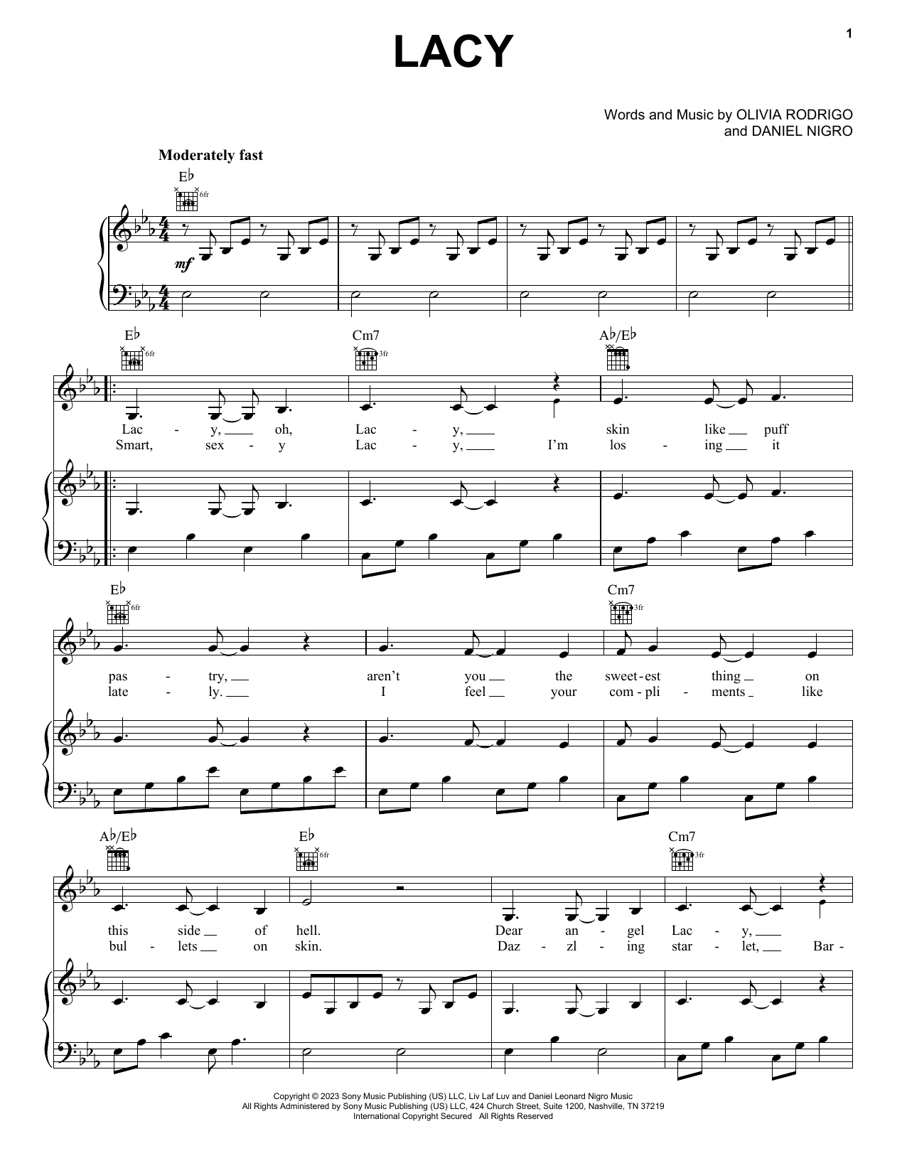 Download Olivia Rodrigo lacy Sheet Music and learn how to play Piano, Vocal & Guitar Chords (Right-Hand Melody) PDF digital score in minutes